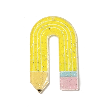 Acrylic Pendants, with Glitter Powder, Pencil, Yellow, 52.5x30x2mm, Hole: 1.8mm