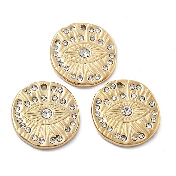 304 Stainless Steel Rhinestone Pendants, Ion Plating(IP), Flat Round Evil Eye, Real 18K Gold Plated, 19x18x3mm, Hole: 1.2mm