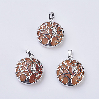 Natural Red Aventurine Pendants, with Brass Findings, Flat Round with Tree of Life, Platinum, 31~32x27x8~9mm, Hole: 5x7mm
