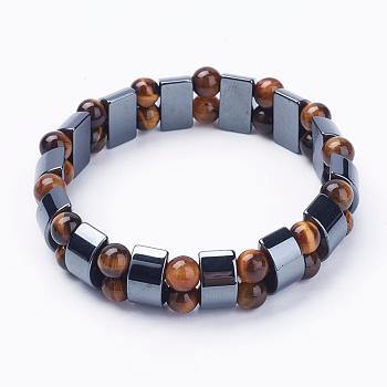 Non-Magnetic Synthetic Hematite Stretch Bracelets, with Tiger Eye Beads, 2-1/4 inch(57mm)