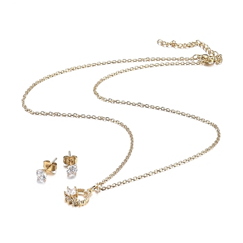 304 Stainless Steel Rhinestone Jewelry Sets, Star Pendant Necklaces and Stud Earrings, Cable Chains, Lobster Claw Clasps and Ear Nuts, Crystal, Golden, 18.11 inch(46cm), 15x5.5mm, Pin: 0.7mm