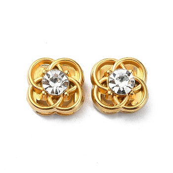 Ion Plating(IP)  304 Stainless Steel Slide Charms, with Rhinestone, Real 18K Gold Plated, Flower, 10x10x6.5mm, Hole: 6.5x2mm