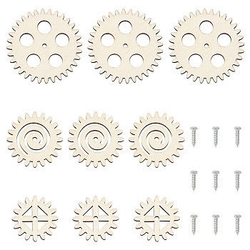 Unfinished Wood Gear Sets, with Screws, Steampunk Craft Alarm Clock Ornament, Antique White, Wood Gear: 43~81.5x4.5mm, Hole: 4mm, 3pcs/set, 3 sets/box