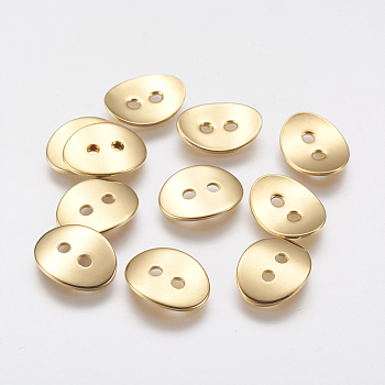 316 Surgical Stainless Steel Buttons, Long-Lasting Plated, Oval, 2-Hole, Real 18K Gold Plated, 10.5x14x1mm, Hole: 2mm