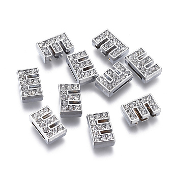 Alloy Initial Slide Charms with Grade A Rhinestones, Lead Free & Nickel Free, Platinum, Letter.E, 12~13x8~13x4~5mm, Hole: 8x2mm