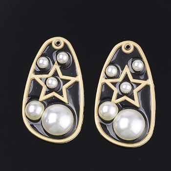 Epoxy Resin Pendants, with Alloy Findings and ABS Plastic Imitation Pearl, Teardrop with Star, Matte Gold Color, Creamy White, 35.5x19.5x5.5mm, Hole: 1.4mm