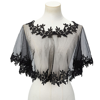 Detachable Polyester Bridal Lace Shawls, Bolero Shrug Shawl, Wedding Floral Lace Cape, Black, 920x820x1.5mm