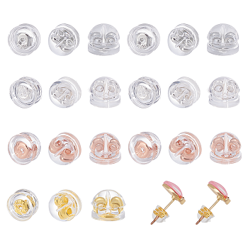 80Pcs 4 Colors Brass Ear Nuts, with Silicone Finding, Half Round, Mixed Color, 5x5x4mm, Hole: 0.8mm, 20pcs/color