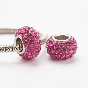 Austrian Crystal European Beads, Large Hole Beads, 925 Sterling Silver Core, Rondelle, 502_Fuchsia, 11~12x7.5mm, Hole: 4.5mm
