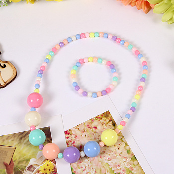 Plastic Beaded Necklaces & Beaded Bracelets, Kid Jewelry Sets, Colorful, Round, 450mm & 140mm