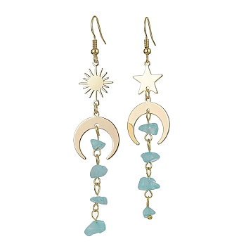 Moon & Sun & Star Brass Asymmetrical Earrings, Natural White Jade Chips Tassel Earrings, 76~85x18mm