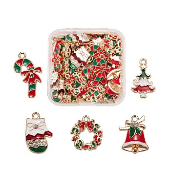 50Pcs 5 Style Christmas Theme Alloy Enamel Pendants, Cadmium Free & Lead Free, Light Gold, Candy Cane & Bell & Gloves & Wreath with Bowknot & Tree, Mixed Color, 17~23x12~15.5x1.5~4mm, Hole: 1.6~2mm, 10pcs/style
