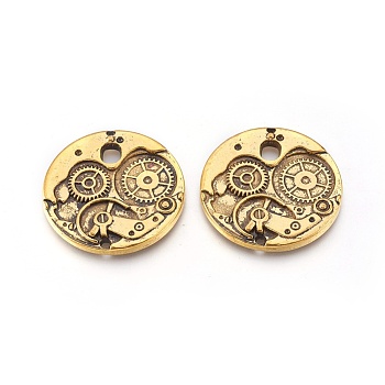 Tibetan Style Alloy Pendants, Flat Round Watch Gears Charms, Nice for Steampunk Jewelry Making, Cadmium Free & Lead Free, Antique Golden, 38x38x3mm, Hole: 1.5mm