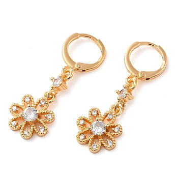 Rack Plating Golden Brass Dangle Leverback Earrings, with Cubic Zirconia, Flower, Clear, 36x12mm