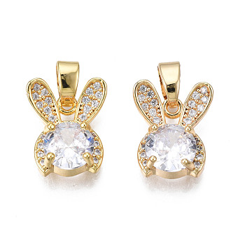 Brass Micro Pave Cubic Zirconia Charms, with Brass Snap on Bails, Real 18K Gold Plated, Rabbit, Clear, 12x10x4mm, Hole: 2mm