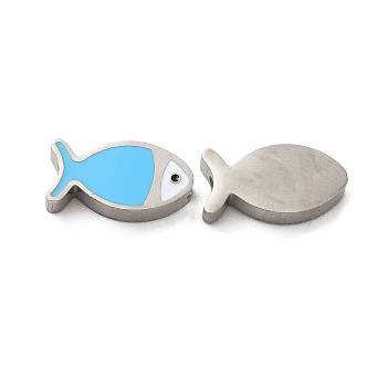 304 Stainless Steel Beads, with Enamel, Stainless Steel Color, Fish, Deep Sky Blue, 7x13.5x3mm, Hole: 1.8mm