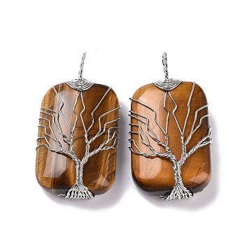Natural Tiger Eye Copper Wire Wrapped Pendants, Rectangle with Tree of Life Charms, Platinum, 46~49x25~27x10~12mm, Hole: 8x9mm