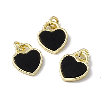 Natural Black Onyx(Dyed & Heated) Heart Charms, with Rack Plating Golden Tone Brass Findings, Cadmium Free & Lead Free, 14x12x2mm, Hole: 3mm