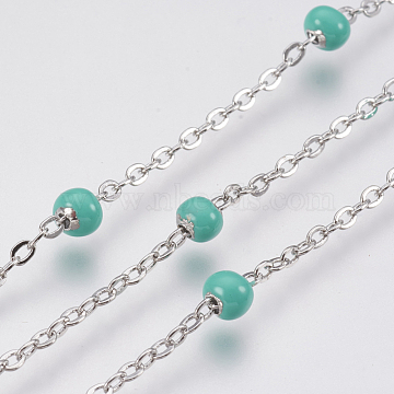Handmade Brass Enamel Beaded Cable Chains, Soldered, Platinum, Light Sea Green, 4mm, about 32.8 Feet(10m)/roll(CHC-R131-08A)