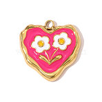 304 Stainless Steel Enamel Charms, Heart with Flower, Ion Plating(IP), Real 18K Gold Plated, Hot Pink, 15x14mm(STAS-OY008-14G)