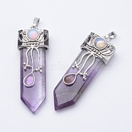 Natural Amethyst Big Pointed Pendants, with Brass Finding, 57~61x15~20x10~14mm, Hole: 4x7mm(X-G-F340-05H)