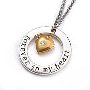 Pendant Necklaces, with Alloy Pendants & Brass Cubic Zirconia Locket Pendants, 304 Stainless Steel Rolo Chains & Lobster Claw Clasps, Heart and Round Ring with Word Forever in My Heart, Golden & Stainless Steel Color, 16.73 inch(42.5cm), 2mm(NJEW-JN02718)