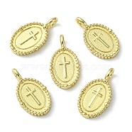 Rack Plating Brass Pendants,  Long-Lasting Plated, Lead Free & Cadmium Free, Oval with Cross Charm, Real 18K Gold Plated, 15x8.5x2mm, Hole: 1.8x2.5mm(KK-K332-06G)