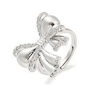 Brass Micro Pave Cubic Zirconia Adjustable Rings, Bowknot, Real Platinum Plated, Inner Diameter: 17.4mm(RJEW-E091-02P)