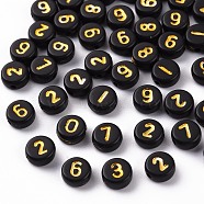 Opaque Black Acrylic Beads, Metal Enlaced, Flat Round with Golden Number, Black, 7x3.5mm, Hole: 1.2mm, about 4000pcs/500g(MACR-T038-15)