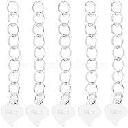 10Pcs 925 Sterling Silver Curb Chains Extender, End Chains with Heart Chain Tabs, with 925 Stamp, Silver, 32mm(STER-BBC0006-12)