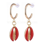 Brass Dangle Stud Earrings, with Alloy Enamel Beads and Plastic Ear Nuts, Cowrie Shell Shape, Red, 45~46mm, Pin: 0.8mm(EJEW-JE04111-01)