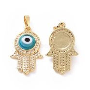 Brass Micro Pave Cubic Zirconia Pendants, with Handmade Evil Eye Lampwork, Hamsa Hand Charm, Real 18K Gold Plated, Deep Sky Blue, 25x16x5mm, Hole: 4x6.5mm(ZIRC-F136-03G-07)