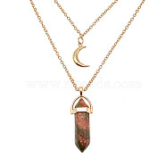 Natural Unakite Cone Pendant Double Layer Necklace, with Moon Charms, 19.69 inch(50cm)(UX9990-2)