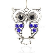 Antique Silver Alloy Rhinestone Owl Large Pendants, Sapphire, 55x45x3mm, Hole: 3.5mm(ALRI-J005-05AS)