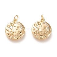 Brass Micro Pave Clear Cubic Zirconia Charms, with Jump Rings, Long-Lasting Plated, Flat Round with Star and Moon, Clear, Real 18K Gold Plated, 17.5x15x3mm, Hole: 3.5mm(X-KK-F820-25G)