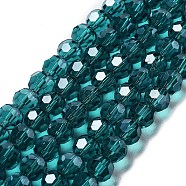 Electroplate Transparent Glass Beads Strands, Faceted, Round, Pearl Luster Plated, Teal, 8mm, Hole: 1mm, about 66~69pcs/strand, 19.29~19.57 inch(49~49.7cm)(EGLA-A035-T8mm-A12)