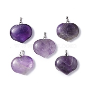 Natural Amethyst Pendants, Heart Charms, with Platinum Tone Brass Findings, 23.5x25x8.5mm, Hole: 5x3.5mm(G-G956-D06)