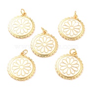 Real 18K Gold Plated Brass Pendants, with Enamel, Long-Lasting Plated, Flat Round with Flower, White, 22.5x19.5x2mm, Jump Ring: 5x1mm, 3mm Inner Diameter(X-KK-L206-013G-01)