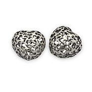 No Hole Brass Hollow Filigree Beads, Nickel Free, Heart, Antique Silver, 22x23x18mm(KK-J187-39AS-NF)