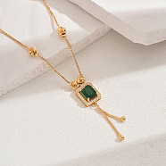 Fashionable Vintage Brass & Glass Tassel Rectangle Pendant Necklaces for Women, Real 18K Gold Plated, Green, 17.52 inch(44.5cm)(WB8408-4)