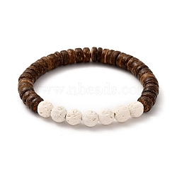 Stretch Bracelets, with Round Natural Lava Rock(Dyed) Beads and Rondelle Natural Coconut Beads, Coconut Brown, Inner Diameter: 2-1/8 inch(5.5cm)(BJEW-JB05361-02)