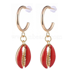 Brass Dangle Stud Earrings, with Alloy Enamel Beads and Plastic Ear Nuts, Cowrie Shell Shape, Red, 45~46mm, Pin: 0.8mm(EJEW-JE04111-01)