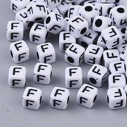 White Opaque Acrylic Beads, Horizontal Hole, Cube with Black Alphabet, Letter.F, 4~5x4~5x4~5mm, Hole: 1.8mm, about 6470~6500pcs/500g(MACR-R869-02F)