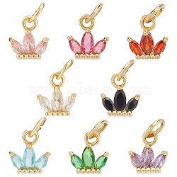 SUPERFINDINGS 16Pcs 8 Colors Brass Cubic Zirconia Charms, Real 18K Gold Plated, Crown, Mixed Color, 8x8x2.5mm, Hole: 3.8mm, 2pcs/color(FIND-FH0003-78)