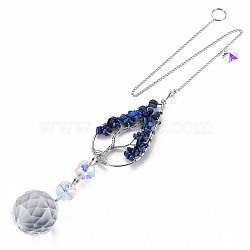 Natural Lapis Lazuli Big Pendants, with Platinum Brass Chain Extender and Findings, Plating Glass Flat Round & Flower, Clear AB Color, Teardrop with Tree of Life, 155mm, Hole: 3.5mm(G-N333-010C)