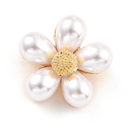 Alloy Resin Imitation Pearl Brooches, Flower, White, 30x31x11mm, Pin: 0.8mm(JEWB-O009-13)