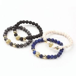 Natural & Synthetic Mixed Gemstone Beaded Stretch Bracelets, with Alloy Finding, Lion Head, Golden, 2-1/4 inch(55.5mm)(BJEW-G514-12)