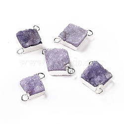 Natural Druzy Quartz Links connectors, with Brass Findings, Square, Silver, Plum, 16~18x13~14x6~8mm, Hole: 2mm(G-P396-09S-08)