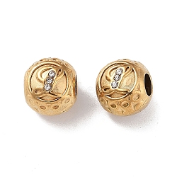 Ion Plating(IP) 304 Stainless Steel Rhinestone European Beads, Round Large Hole Beads, Real 18K Gold Plated, Round with Letter, Letter L, 11x10mm, Hole: 4mm(STAS-A092-10L-G)