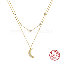 925 Sterling Silver Double Layer Necklaces, Micro Pave 5A Cubic Zirconia Moon Charm Necklaces, Real 14K Gold Plated, 15.98 inch(40.6cm)(NJEW-L116-10G)